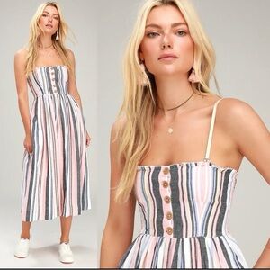 Free People Lilah Pleated Tube Dress Multi-Striped Cotton Midi Dress L